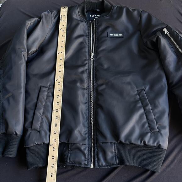 Bad Monday Bomber Jacket Mens Small Black Quilted Skull Moth Embroidered Zip - Picture 11 of 11